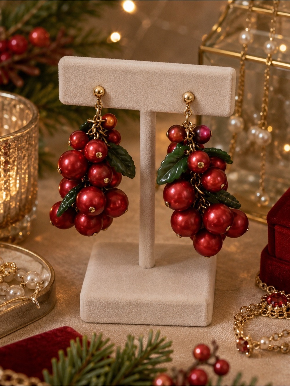 Vintage Red Holly Berry Cluster Earrings | Christmas Holiday Dangle Jewelry - Picture 1 of 2